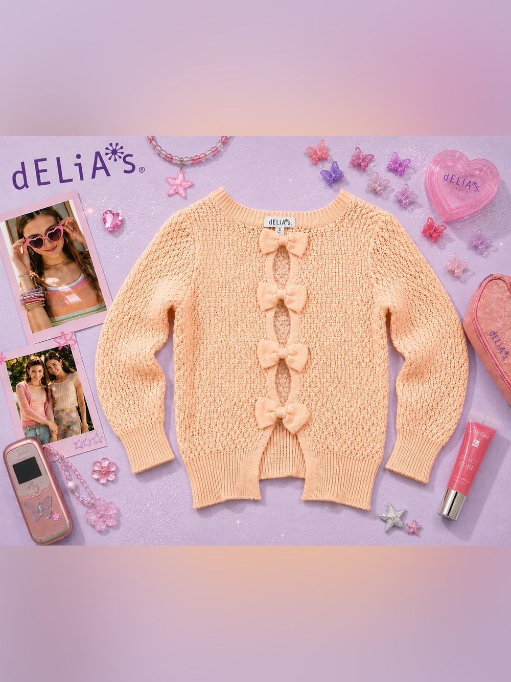 Vintage Y2K dELiA*s Peach Pink Pointelle Bow Back Sweater S NWOT